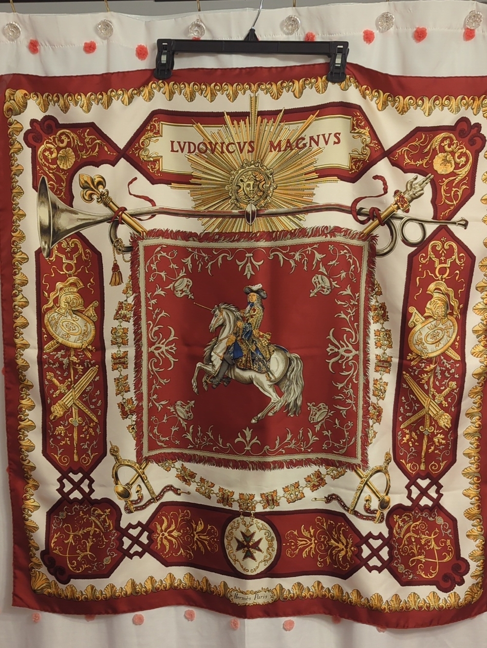 Hermes Red, Gold & Cream Equestrian Cavalier Silk Scarf